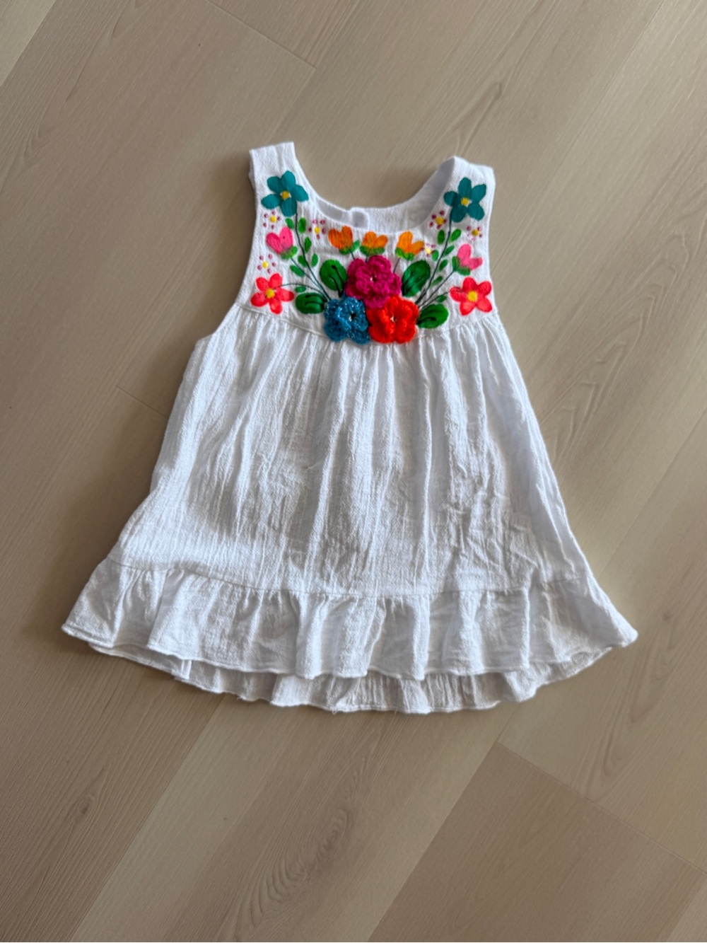 White Gauze Dress with Colorful Floral Embroidery